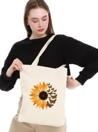 Canvas Daisy And Butterflies Printed Tote Bag Beige