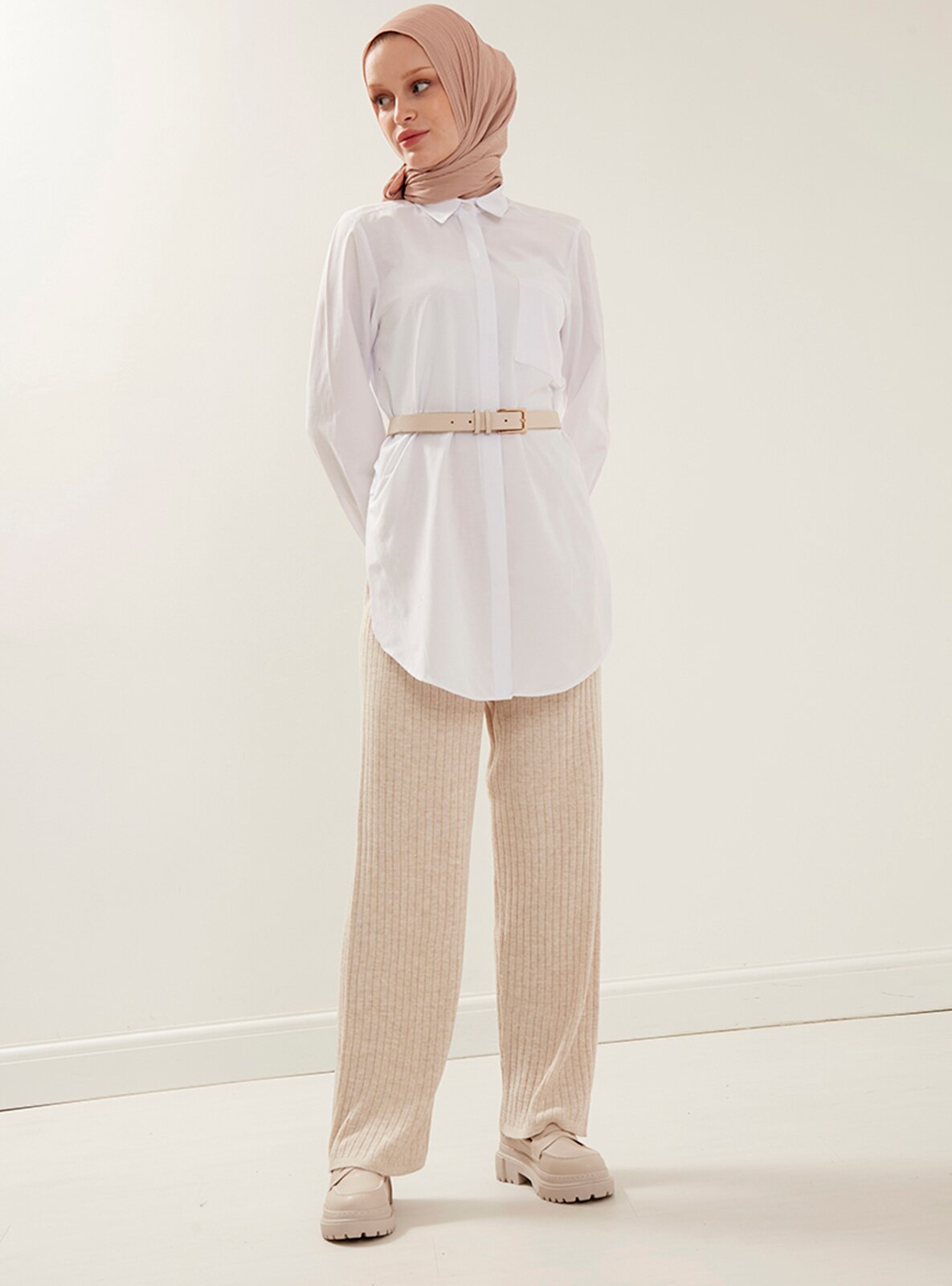 Knitwear Oversized Pants Stone With Ribbed And Elastic Waist