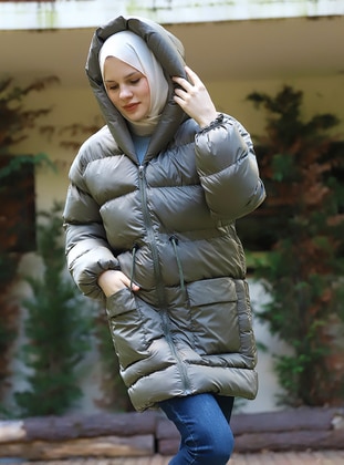 Double Pocket Puffer Coat Khaki With Tunnel