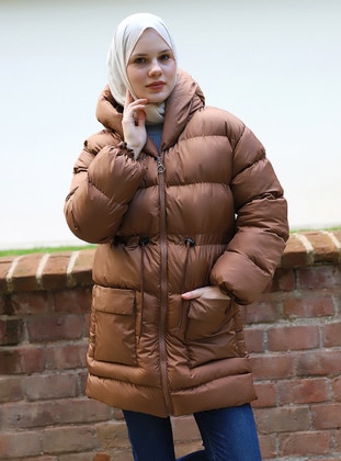 Double Pocket Puffer Coat With Tunnel Coffee Color