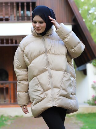 Beige - Fully Lined - Polo neck - Puffer Jackets - Muzzem