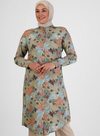 Green - Floral - Point Collar - Plus Size Tunic
