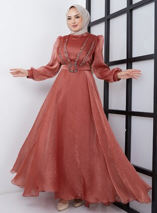 Copper - Silvery - Fully Lined - Crew neck - Modest Evening Dress - Olcay