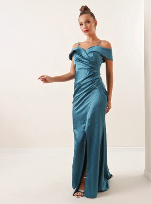 Fully Lined - Turquoise - Boat neck - Evening Dresses - By Saygı