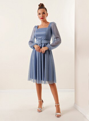 Fully Lined - Indigo - Sweatheart Neckline - Evening Dresses - By Saygı