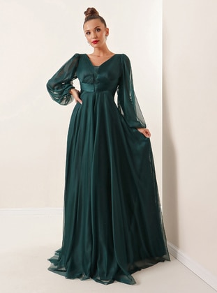 Front Back V Neck Balloon Sleeve Long Tulle Hijab Evening Dress Green