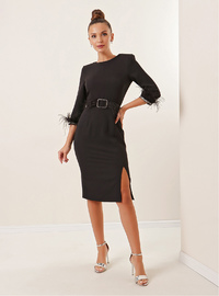 Belted Feather Detail Evening Dress Black