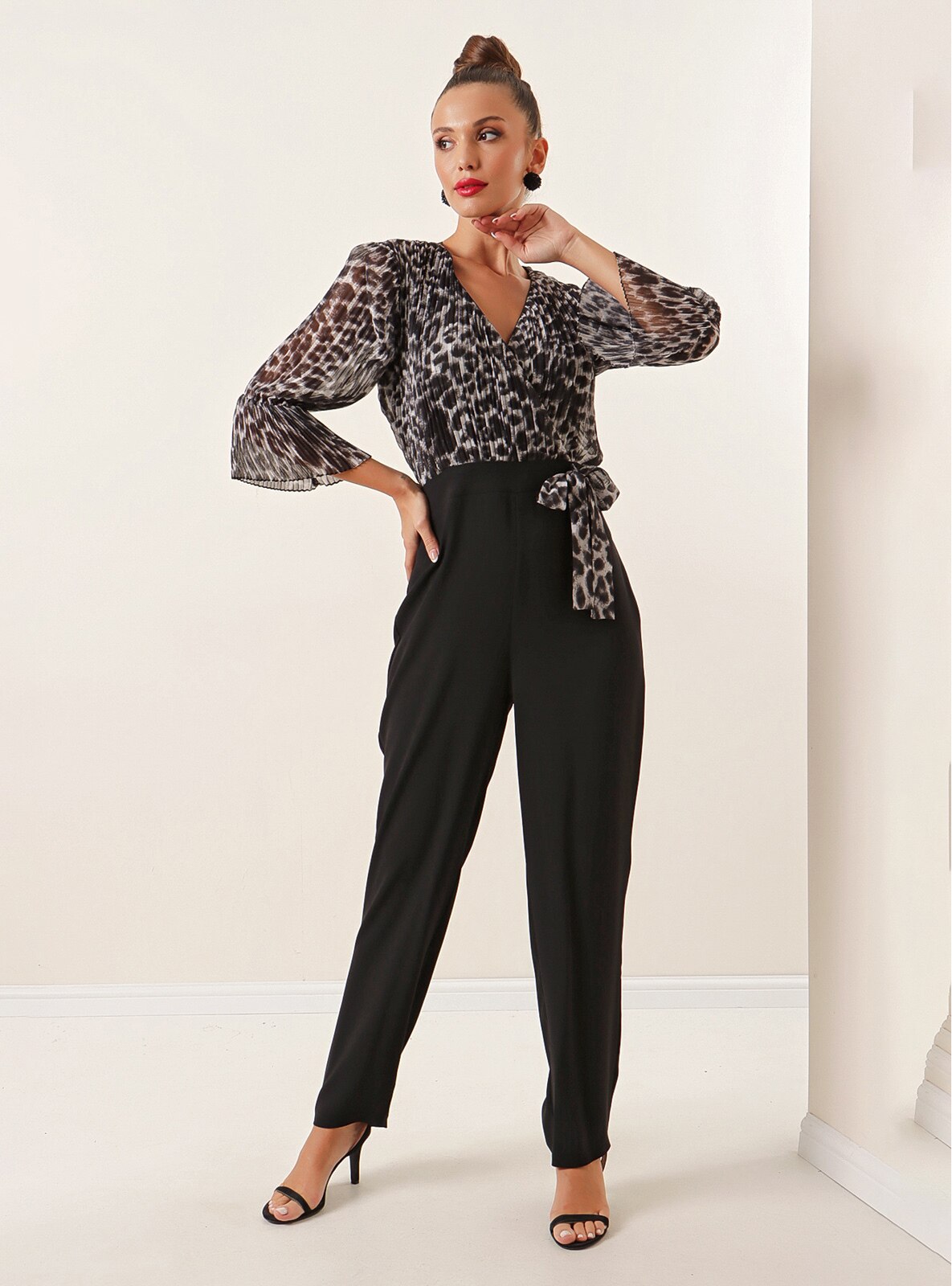 Double-Breasted - Gray - Leopard - Evening Jumpsuits