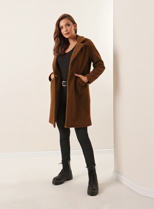Single Button Lined Boucle Coat With Pockets Coffee Color