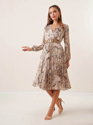 Beige - Multi - Double-Breasted - Fully Lined - Modest Dress - By Saygı