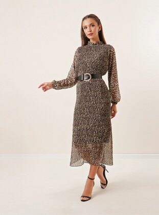 Fully Lined - Leopard - Brown - Crew neck - Evening Dresses - By Saygı