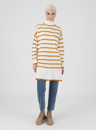 Ecru - Mustard - Stripe - Polo neck - Unlined - Knit Tunics - İLMEK TRİKO