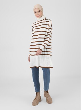 Ecru - Brown - Stripe - Polo neck - Unlined - Knit Tunics - İLMEK TRİKO