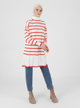 Ecru - Terra Cotta - Stripe - Polo neck - Unlined - Knit Tunics - İLMEK TRİKO