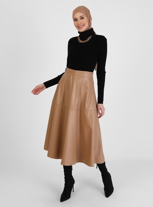 Cutout Detailed Faux Leather Bell Skirt Milky Coffee Color
