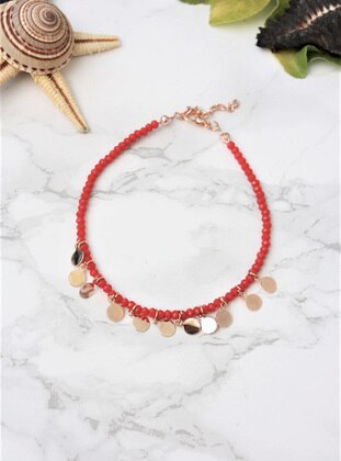 Rose Plated Red Stone Sequential Sequins Patterned Anklet Rose
