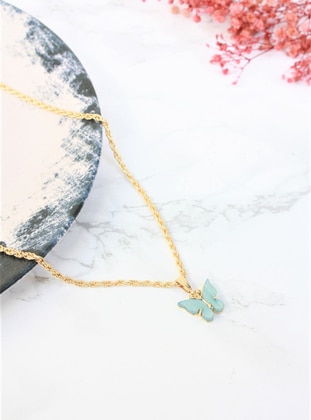 Gold Color Plated Mesh Chain Turquoise Blue Color Butterfly Bijouterie Necklace Gold Color