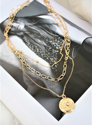 Gold Color Plated Antique Coin Patterned 3 Pieces Chain Bijouterie Necklace Gold Color