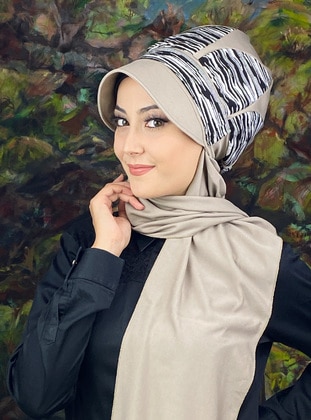 Drop Model Striped Stone Color Hijab Shawl With a Hat Instant Scarf