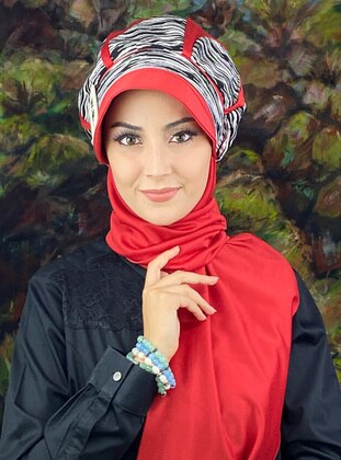 Red - Striped - Instant Scarf - BUTİK AMBAR