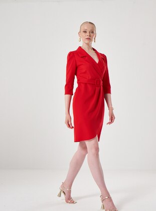 Fully Lined - Red - Cuban Collar - Evening Dresses - ESCOLL