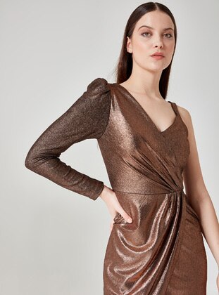 Fully Lined - Copper - V neck Collar - Evening Dresses - ESCOLL
