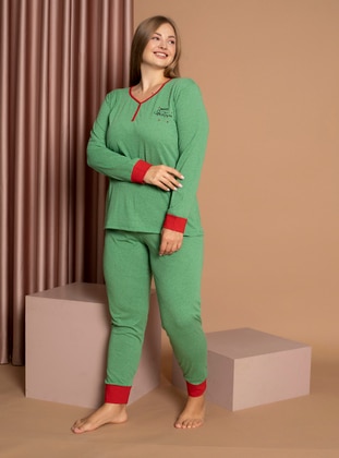 Green - Multi - Plus Size Pyjamas - Siyah inci