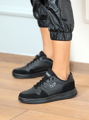 Black - Sport - Faux Leather - Sports Shoes - Pembe Potin