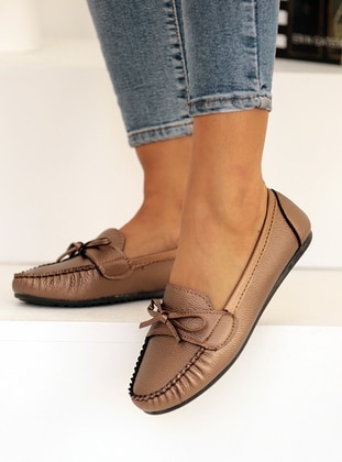 Copper - Flat - Faux Leather - Flat Shoes - Pembe Potin