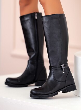 Black - Boot - Faux Leather - Boots - Pembe Potin