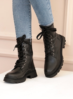 Black - Boot - Faux Leather - Boots - Pembe Potin
