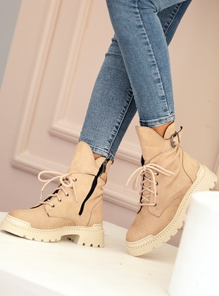 Beige - Boot - Faux Leather - Boots - Pembe Potin
