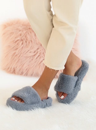 Flat Slippers - Gray - Home Shoes - Pembe Potin