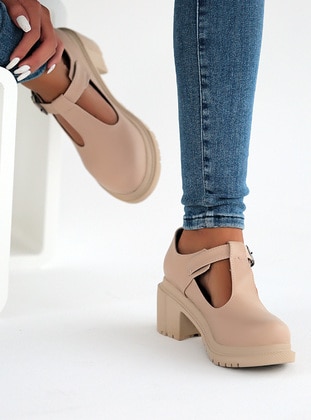 Casual - Cream - Faux Leather - Casual Shoes - Pembe Potin
