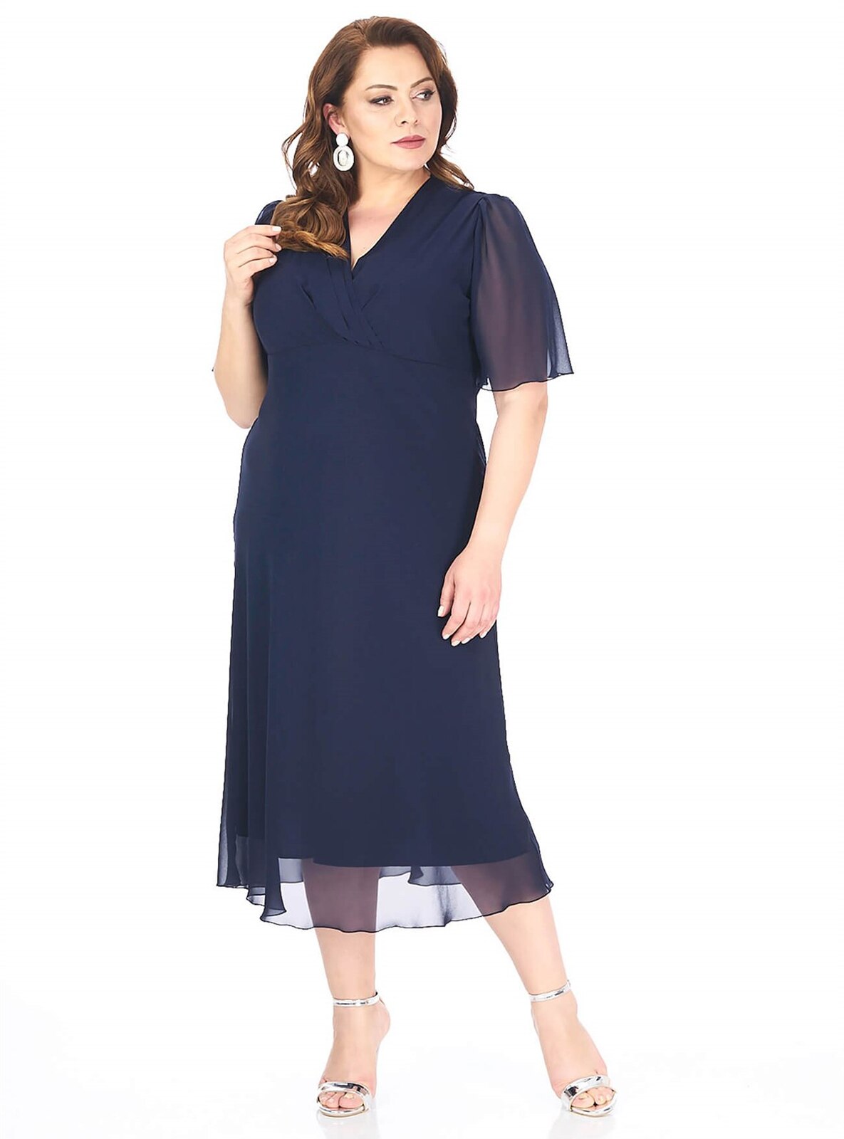 Navy Blue V Neck Collar Modest Plus Size Evening Dress 0288