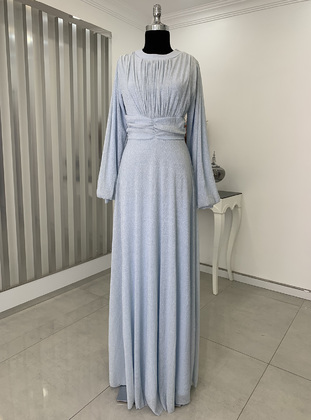 Ice Blue - Silvery - Fully Lined - Crew neck - Modest Evening Dress - Piennar