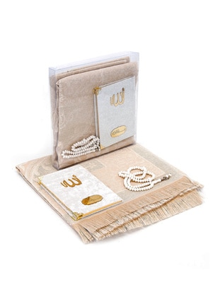 Bag Size Velvet Yasin Book - Prayer Rug - Rosary and Mevlid Gift with Transparent Box - Cream