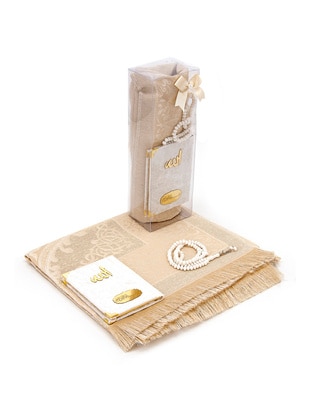 Pocket Size Velvet Yasin Book, Prayer Rug, Rosary Tasbih And Transparent Box Mawlid Gift - Cream