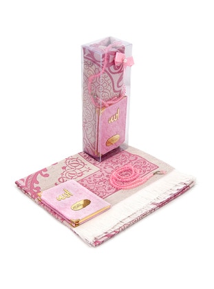 Pocket Size Velvet Yasin Book - Prayer Rug - Rosary and Transparent Boxed Mevlid Gift - Pink