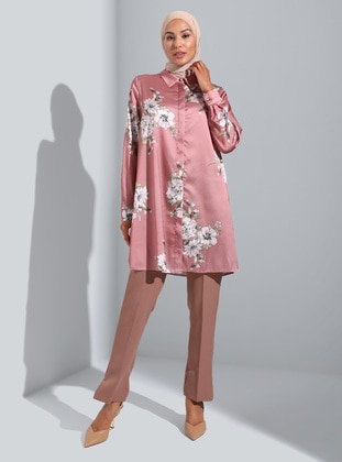 Wide Cut Floral Patterned Satin Tunic Rose Color White