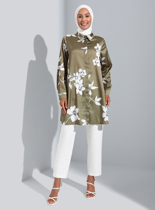 Wide Cut Floral Patterned Satin Tunic Oil Green White