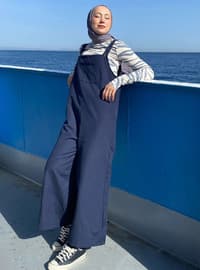 Navy Blue - Unlined - Sweatheart Neckline - Jumpsuit