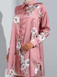 Wide Cut Floral Patterned Satin Tunic Rose Color White