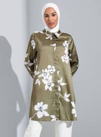 Wide Cut Floral Patterned Satin Tunic Oil Green White