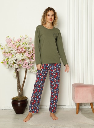 Women's Long Sleeve Double Pajama Set Khaki