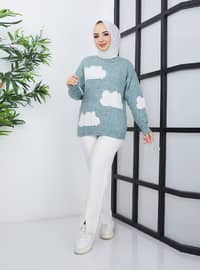 Cloud Patterned Sweater Tunic Green