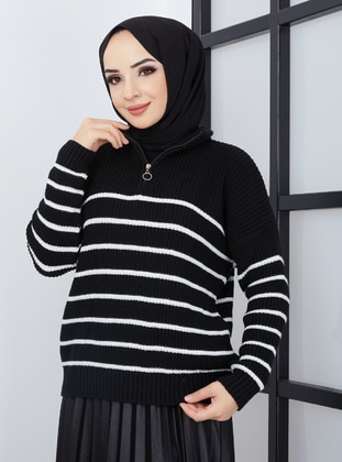 Striped Zippered Sweater Pullover Black