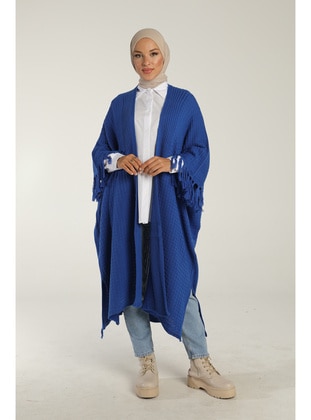 Women Oversıze Relaxed Fıt Shawl Collar Jacquard Sleeves Fringed Knit Knıt Sweater Blue