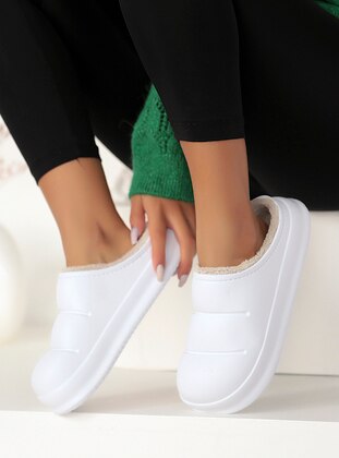 White - Sandal - Faux Leather - Slippers - Pembe Potin
