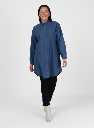 Natural Fabric Plus Size Button Detailed Tunic Light Navy Blue